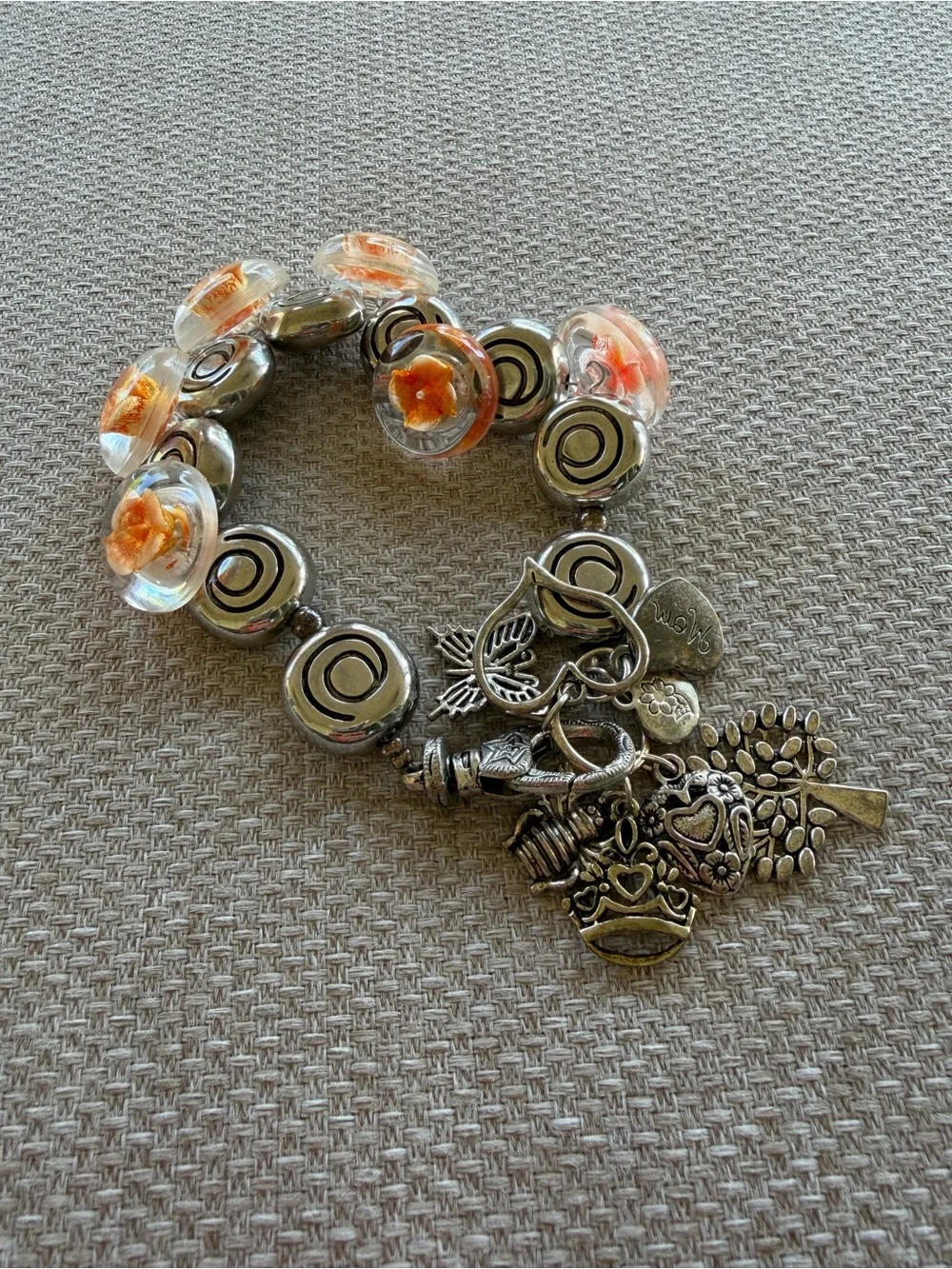 Multi Charm Beaded Vintage Lampwork Buttons Bracelet  Family Mom Themed Charms